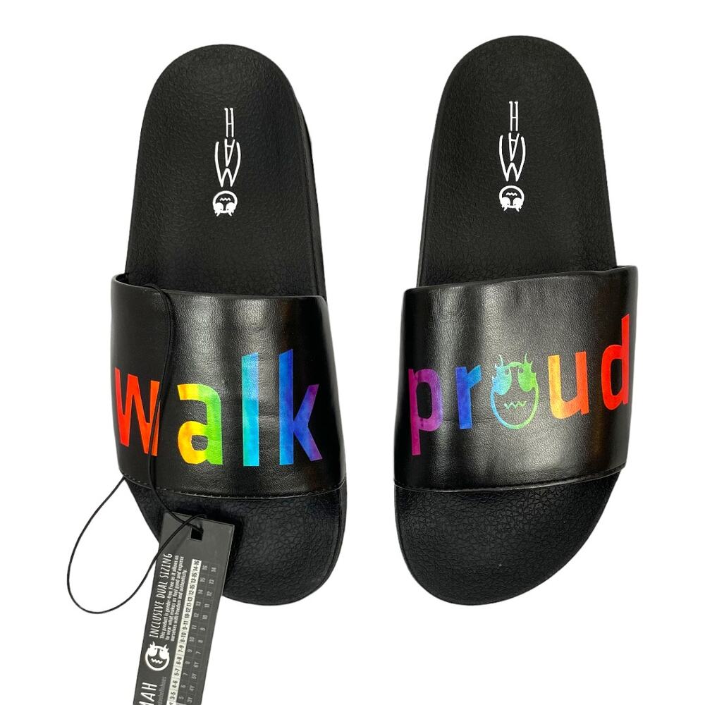 MAH Walk Proud black rainbow slides slip on waterproof flip flops size 6